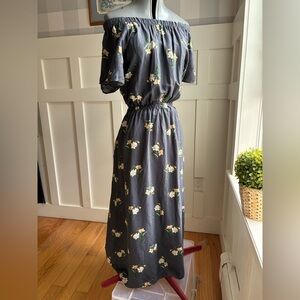 LOFT Grey Yellow Floral Maxi Dress with Ivory & Green Large Pockets Summer